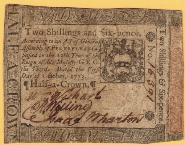 PA-165, Pennsylvania Colony, 2 Shillings, 6 Pence, Oct. 1, 1773, 16391, VG/F